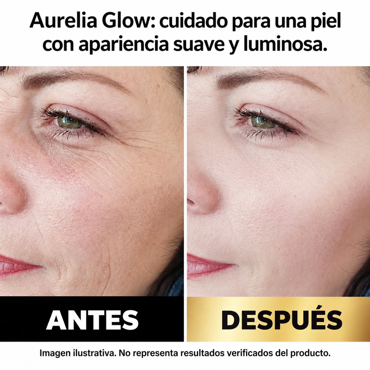 Aurelia Glow - antes y después (imagen ilustrativa, no representa resultados verificados del producto)